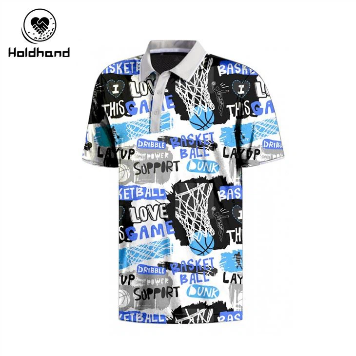 Camisa pólo masculina com tema de basquete azul na moda pólo de golfe com logotipo personalizado